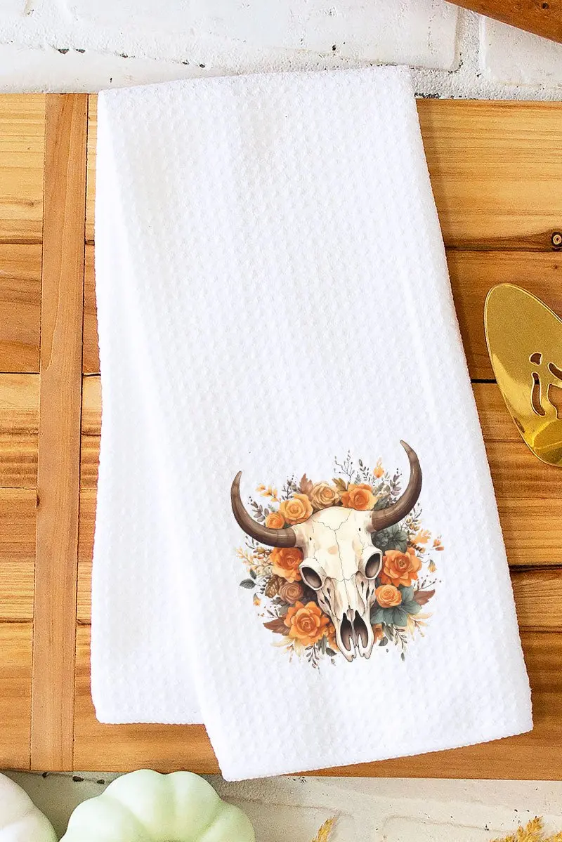 Boho Autumn Steer Waffle Kitchen Towel