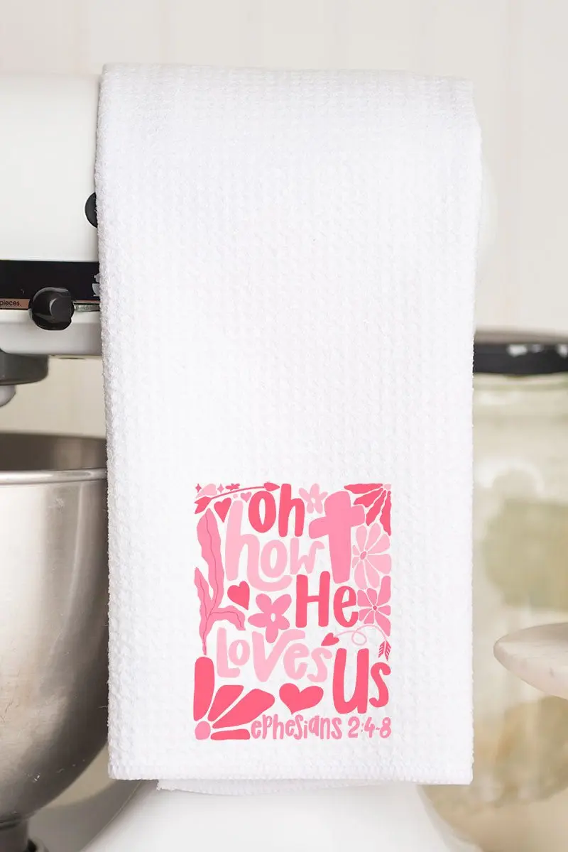 Boho Cross How He Loves Us Waffle Kitchen Towel