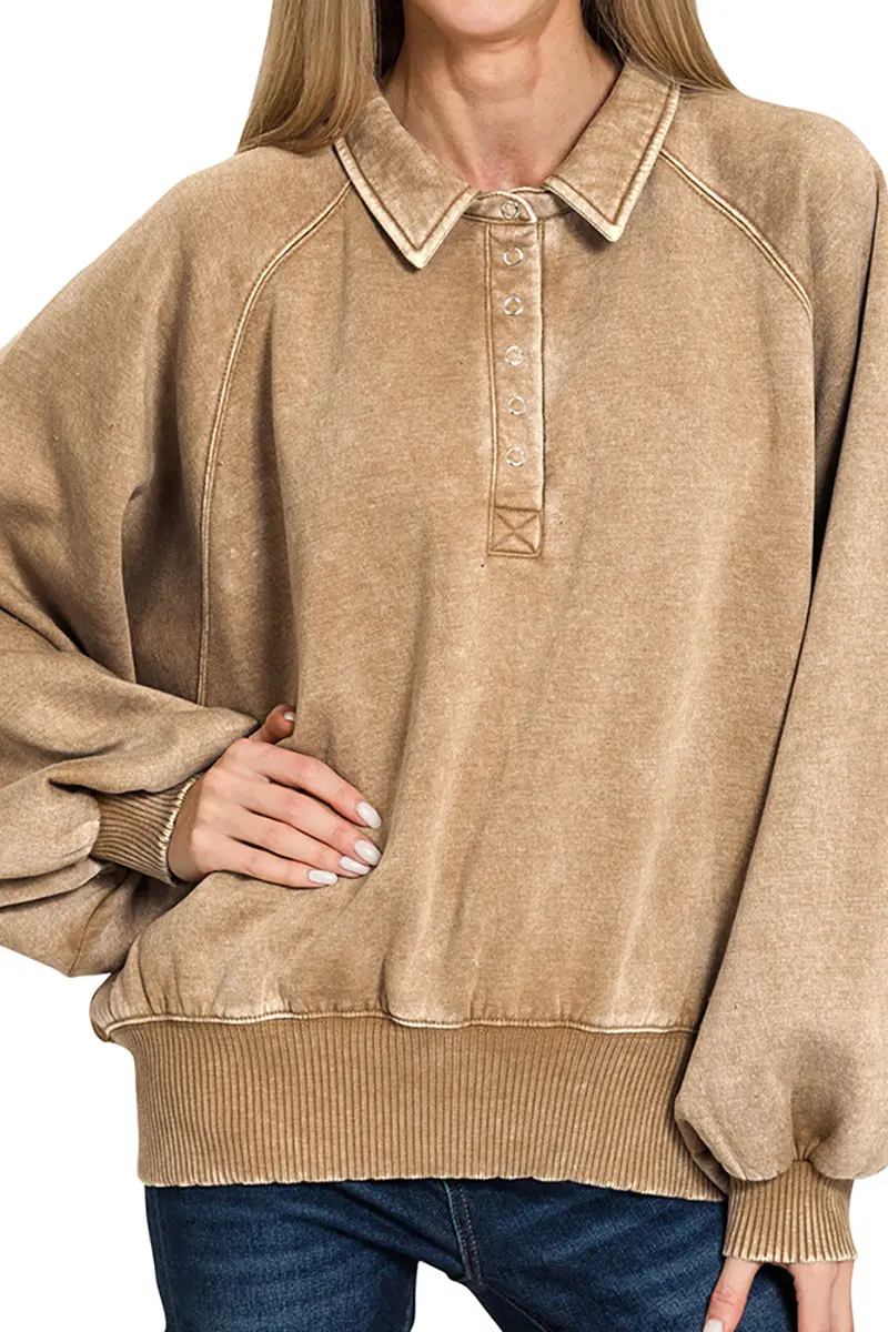 Bonfire Nights Deep Camel Acid Wash Button Collared Pullover