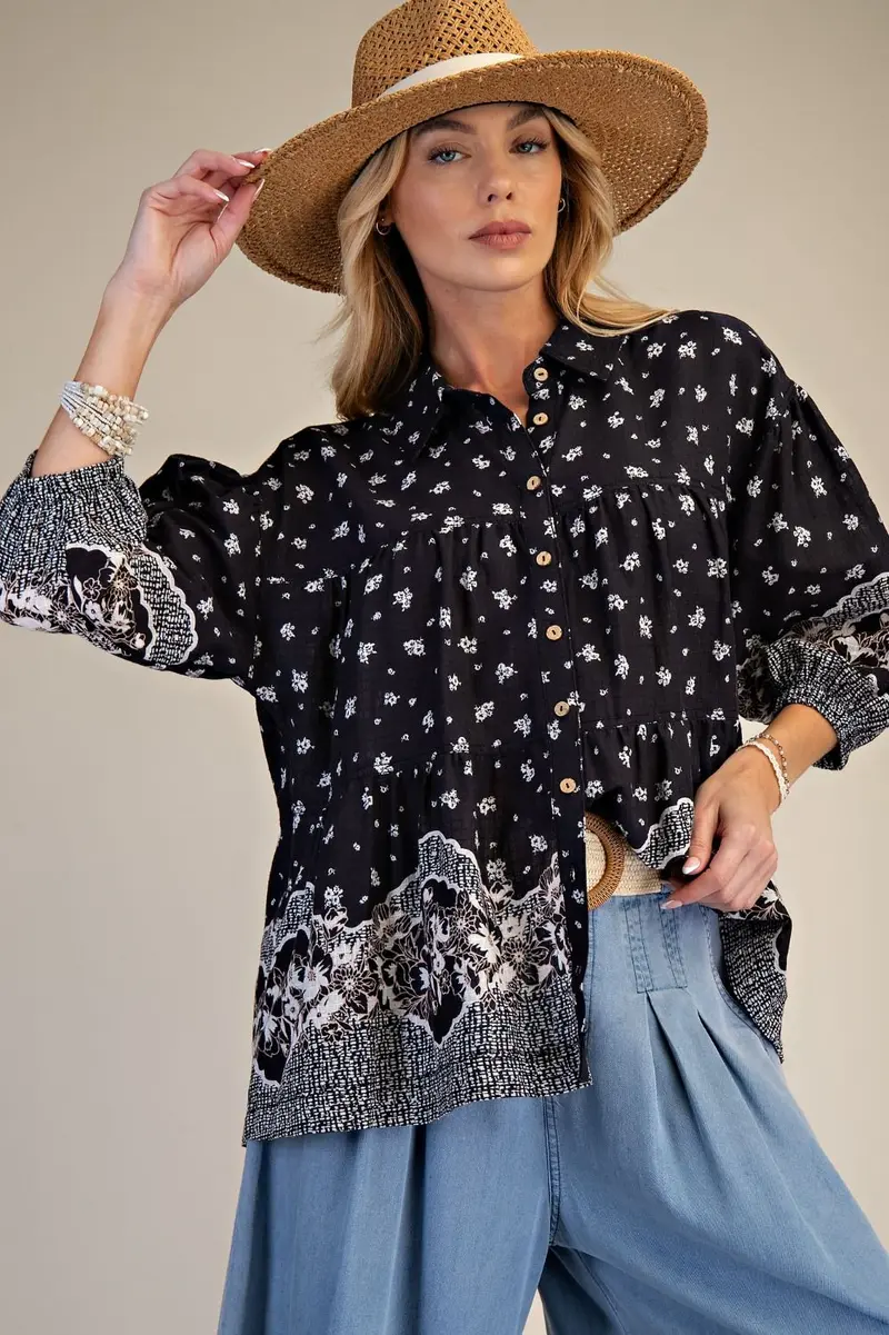 Border Printed Button Down Top - Black PREORDER