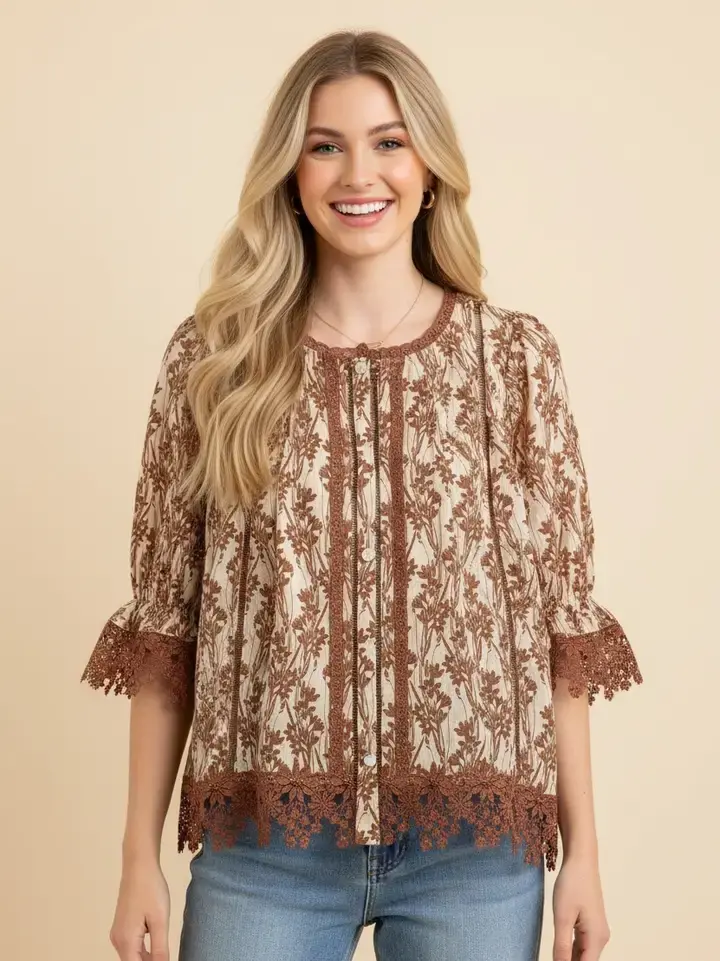 Botanical Print Lace Trim Blouse