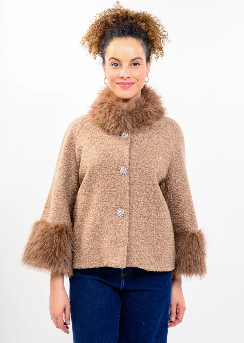 Boucle Sparkle Fur Trim Jacket in Mocha