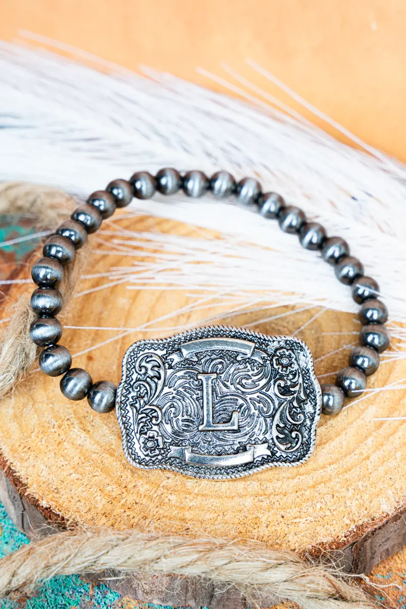 Branded Buckle 'L' Silver Pearl Bracelet