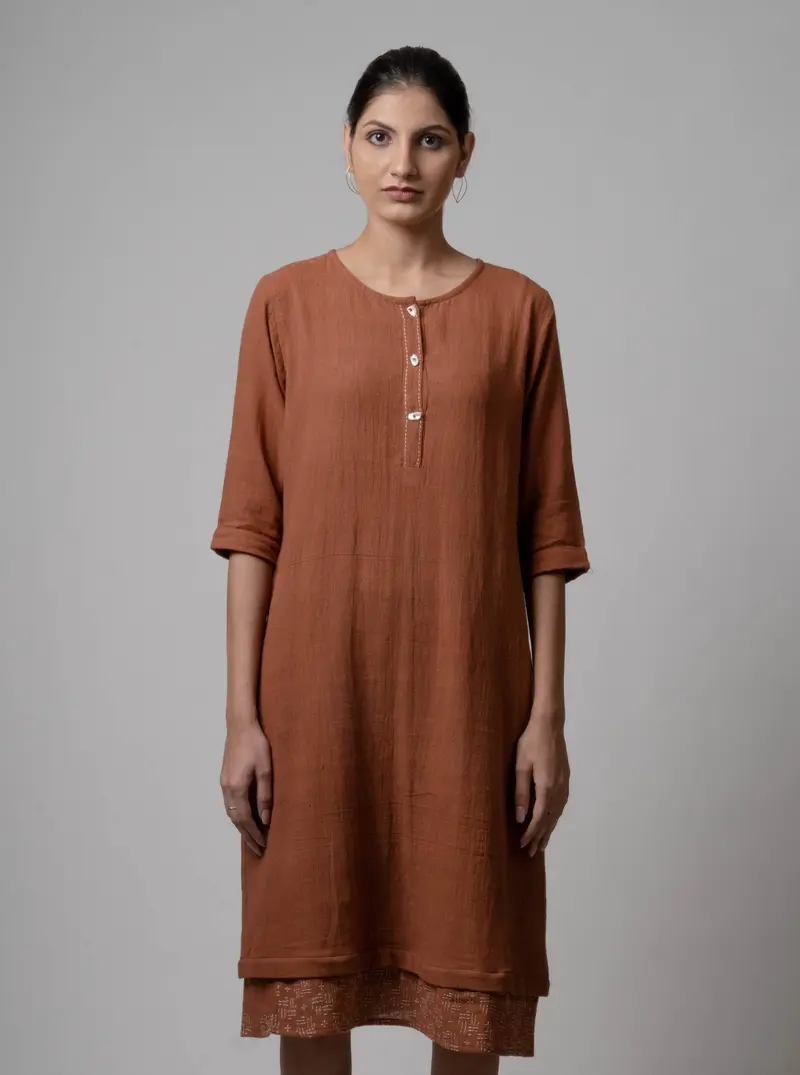 Brown Embroidered Cotton Kurta