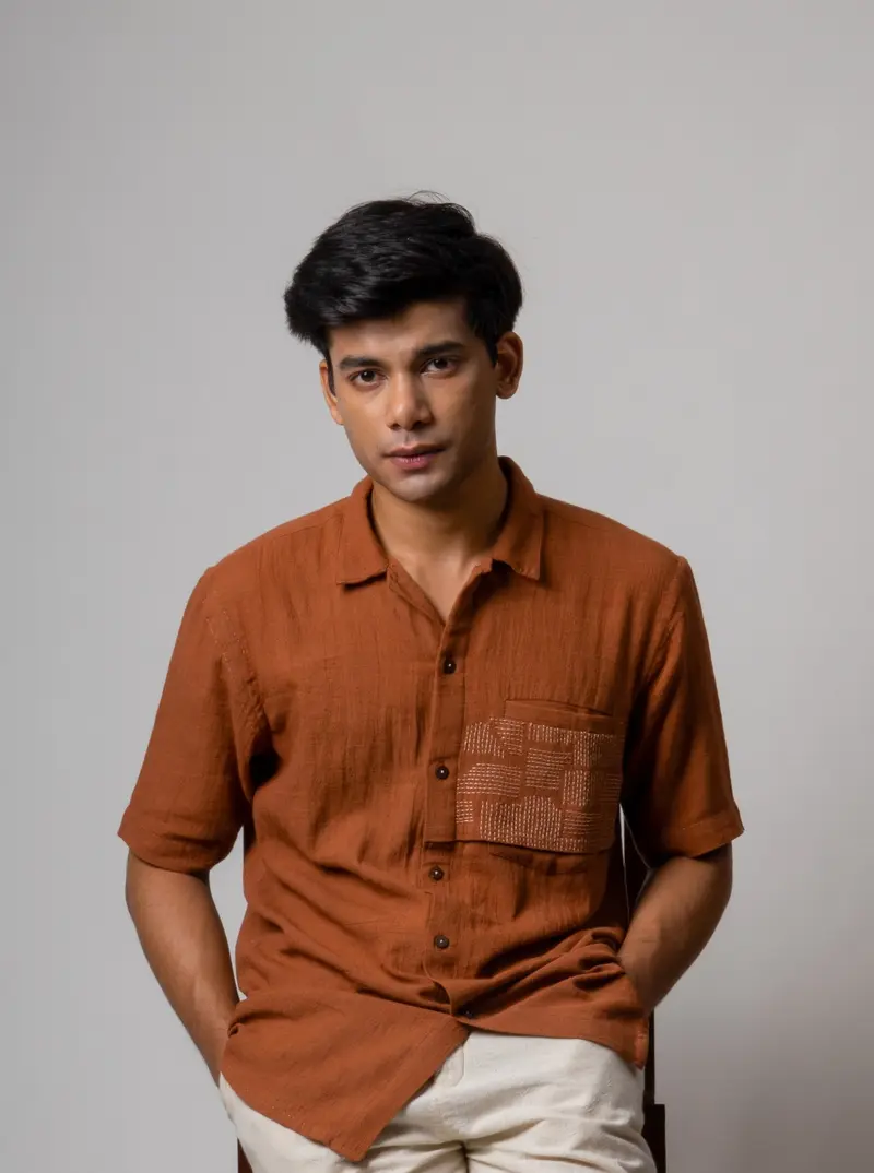 Brown Embroidered Cotton Shirt