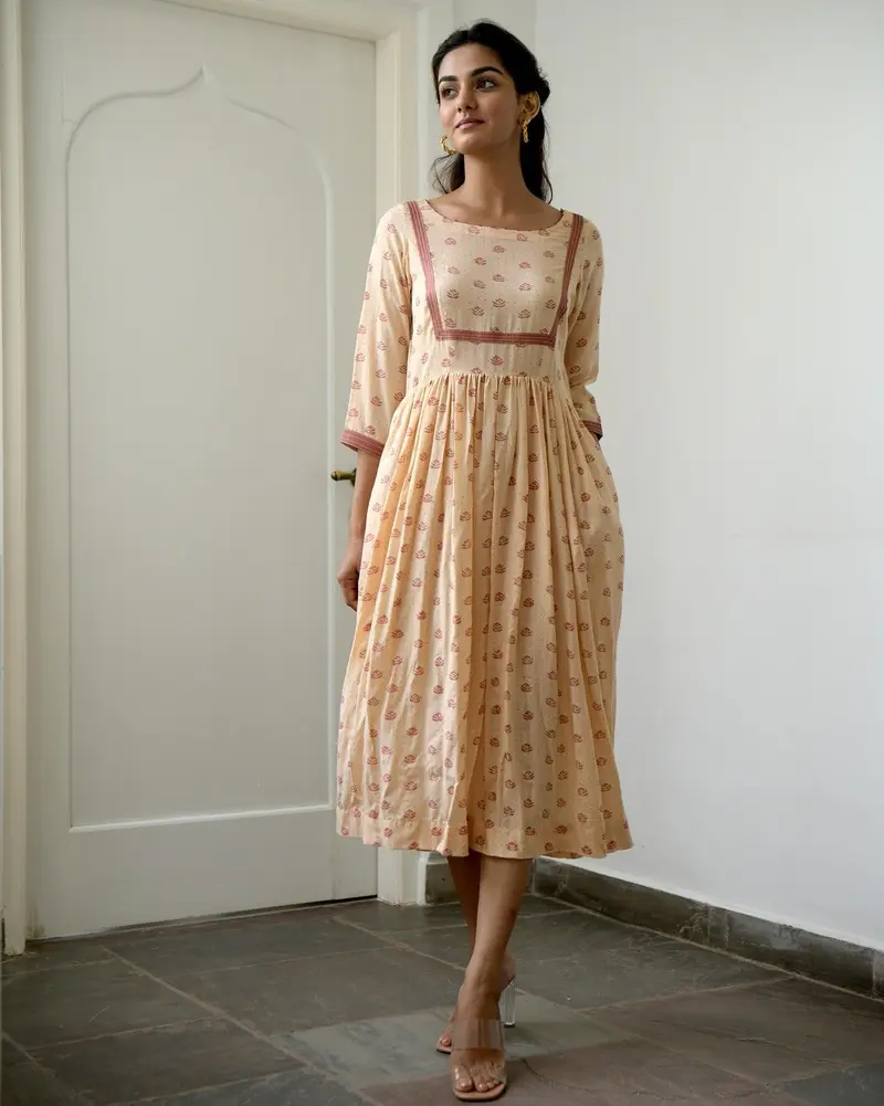 Brown Silk Printed Midi Dress
