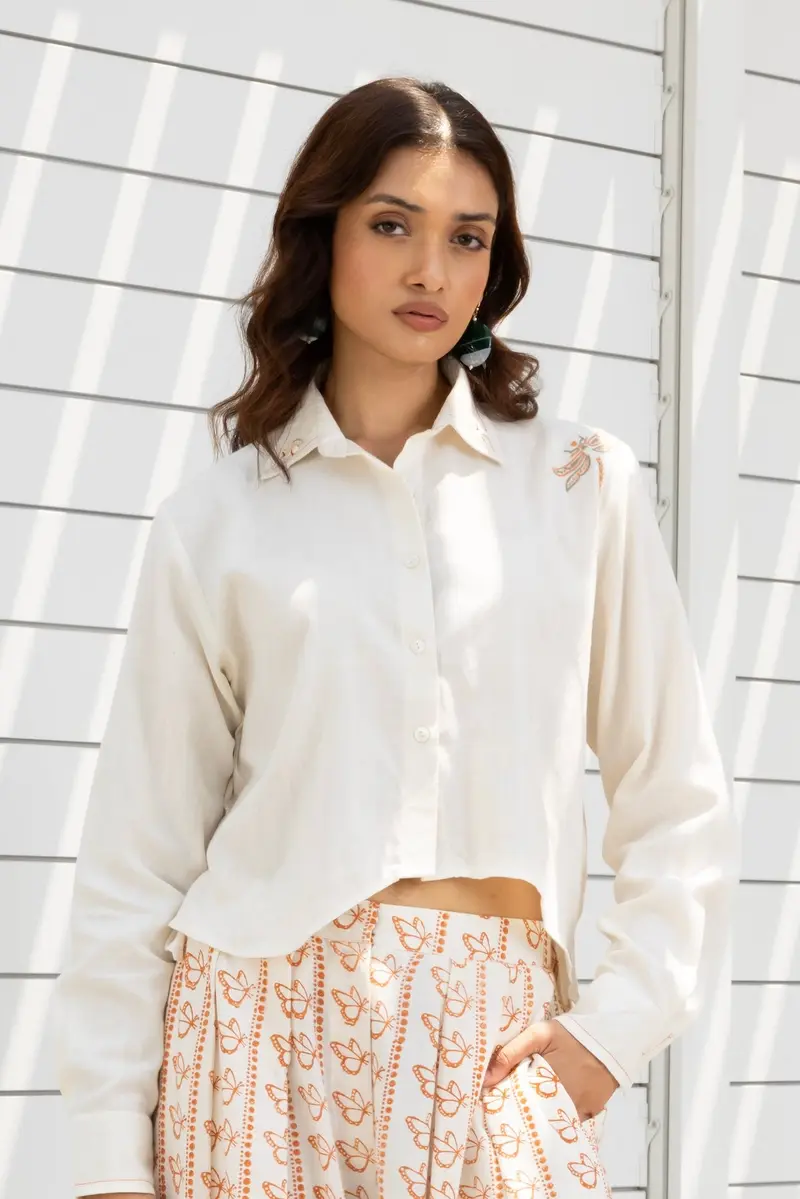 Butterfly Embroidered Cropped Shirt
