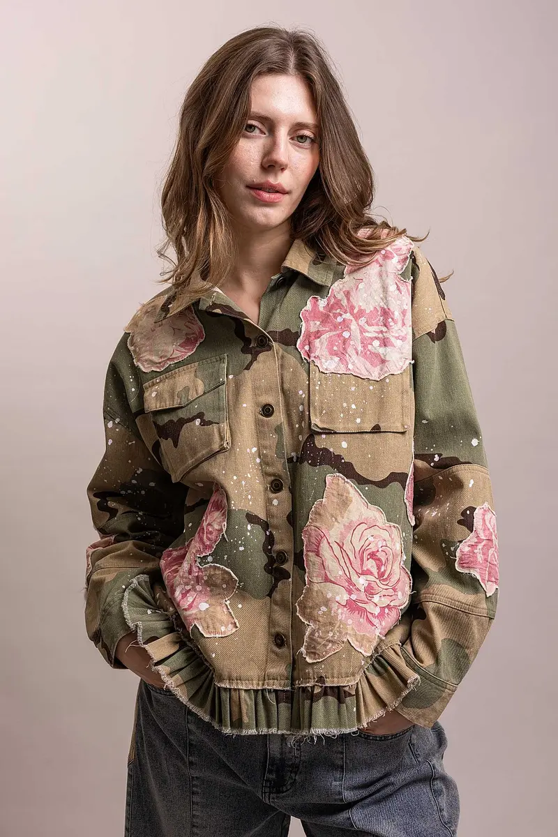 Camo Print Flower Patchwork Paint Splatter Jacket - PREORDER