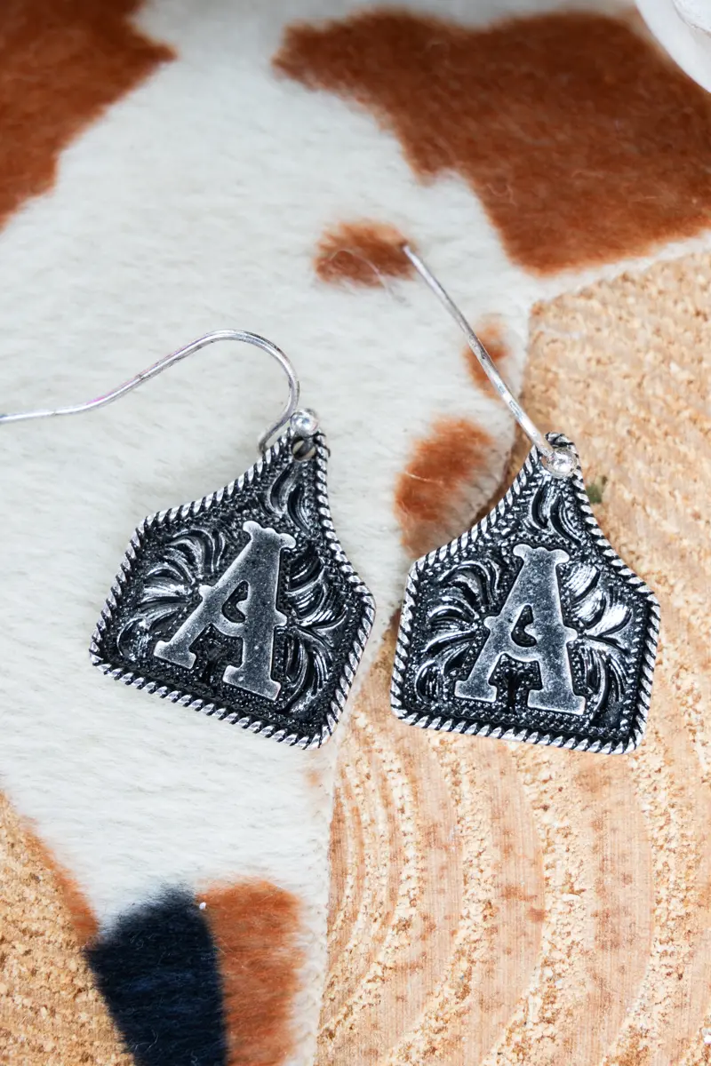 Cattle Tag 'A' Silvertone Earrings