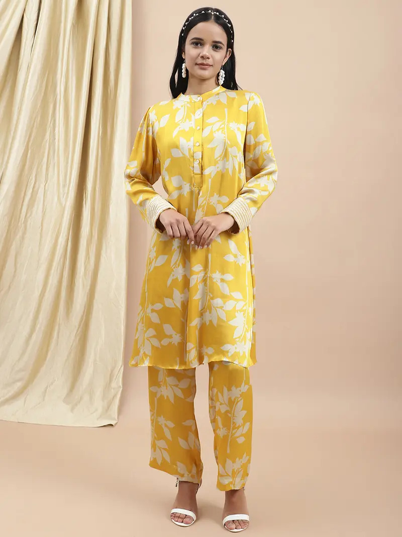 Certified Bemberg Satin Yellow Printed Coord Set