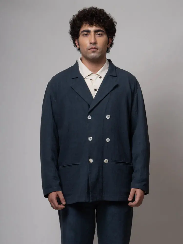 Charcoal Double Breasted Cotton Jacket | Cotton Jacket | Black Cotton Jacket