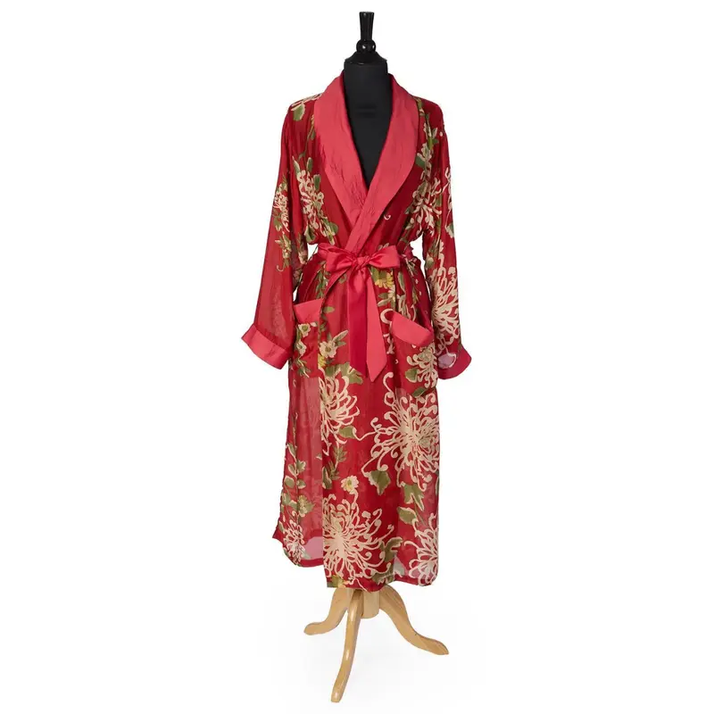 Chrysanthemum Printed Silky Duster Robe - Red