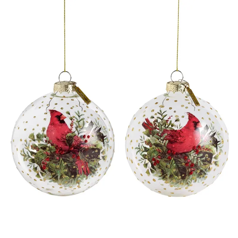 Clear Cardinal Round Glass Ornaments - 2 Assorted