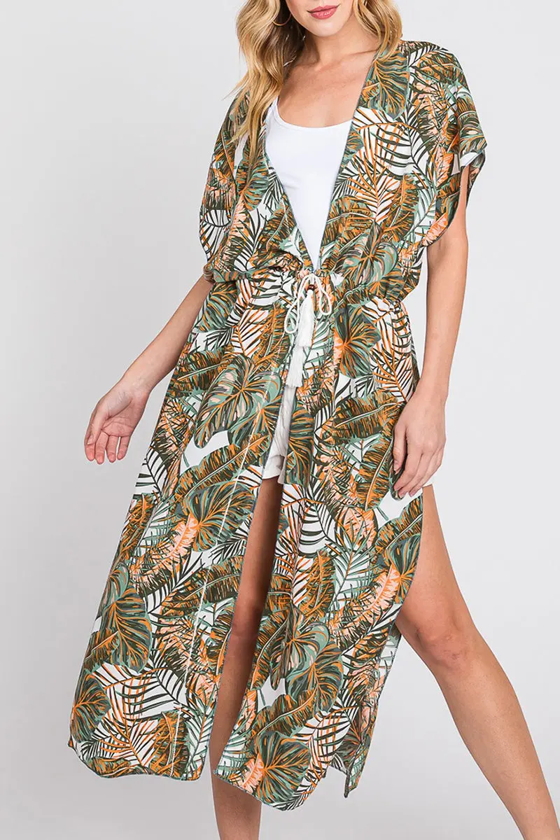 Coastal Canopy Green & White Long Drawstring Kimono