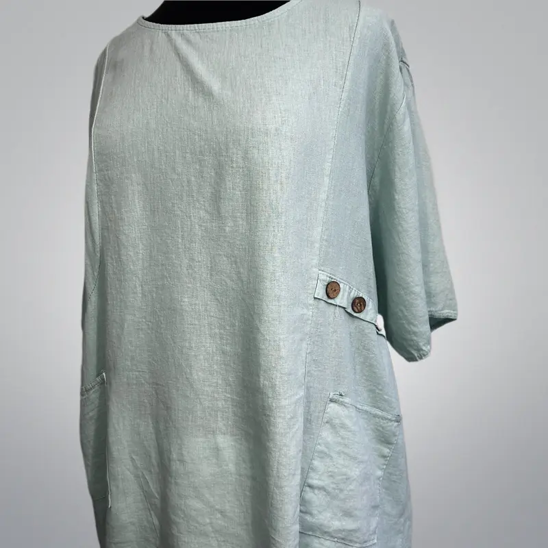 Coconut Buttoned Linen/Viscose Blend Top With Front Pockets