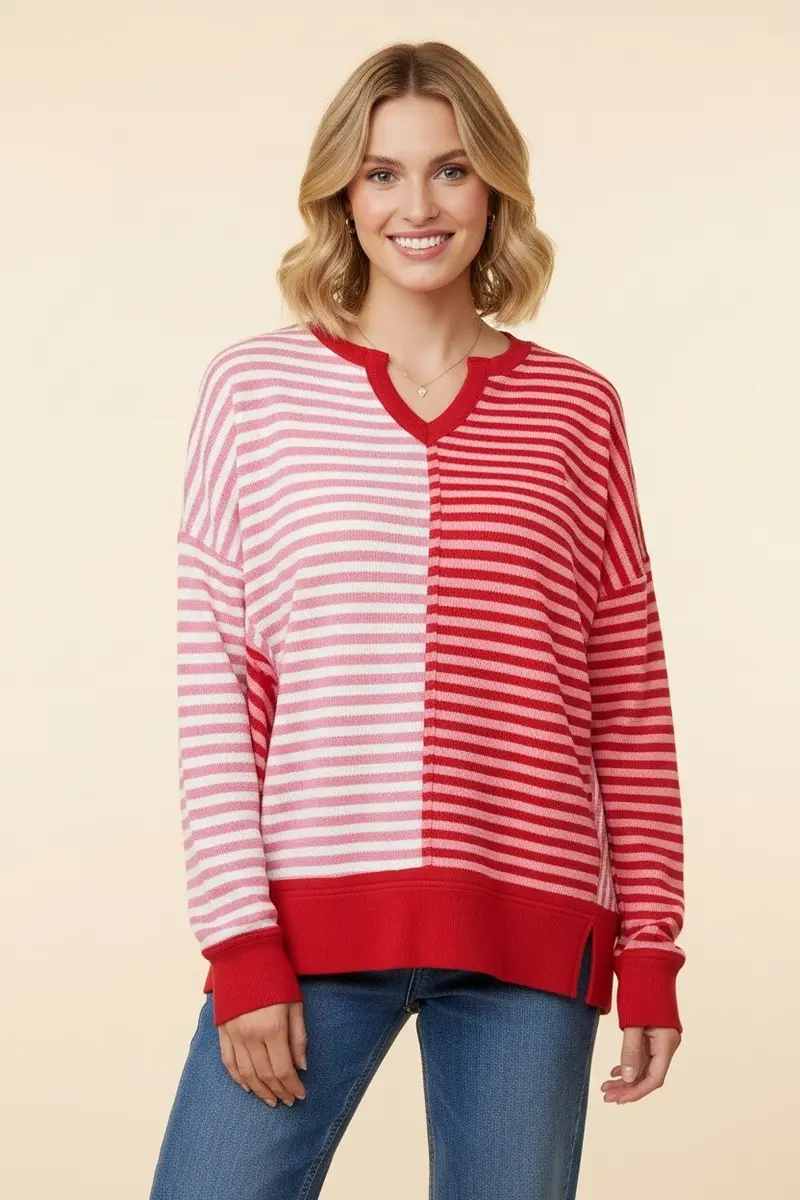 Colorblock Striped Knit Long Sleeve Pullover