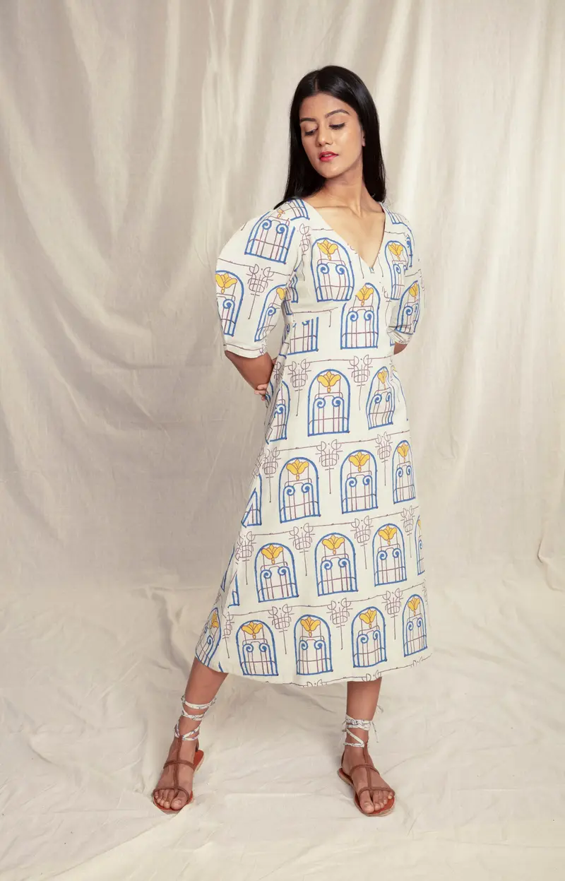 Cotton Block Printed Summer Midi Dress