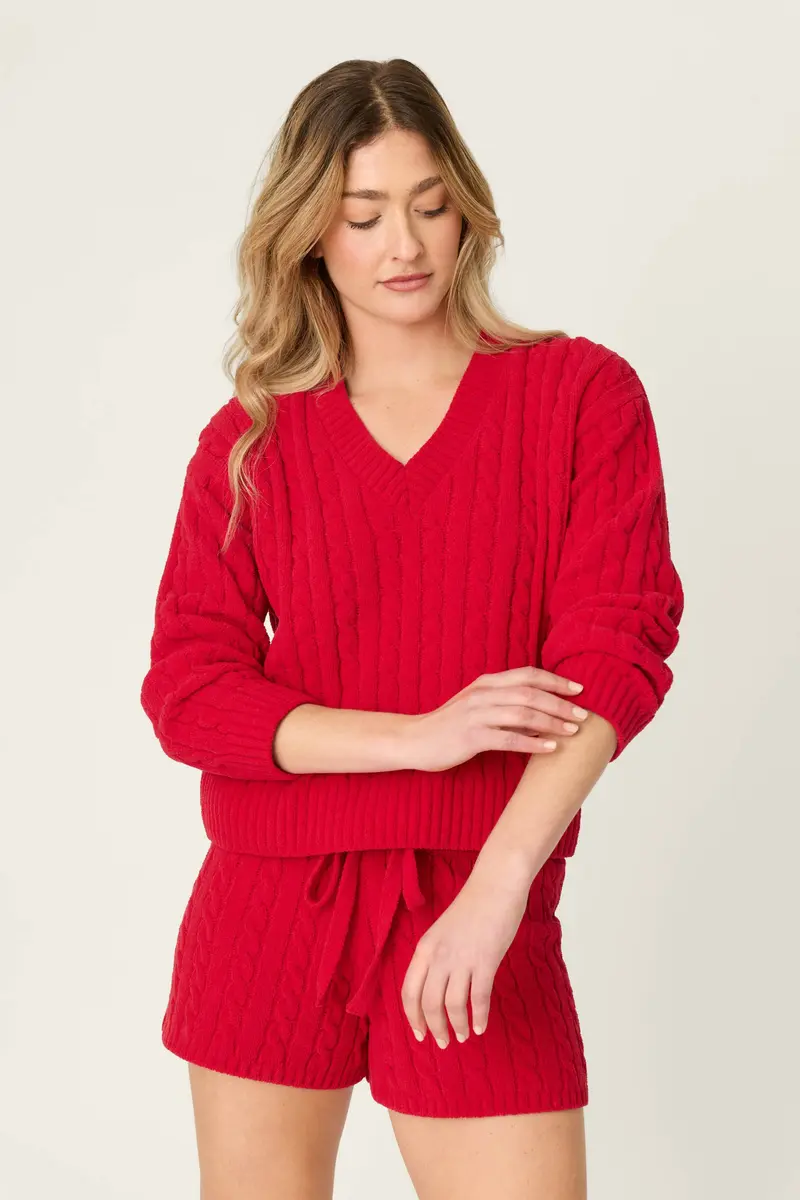 Cozy Chenille Cable Knit Red V-Neck Sweater