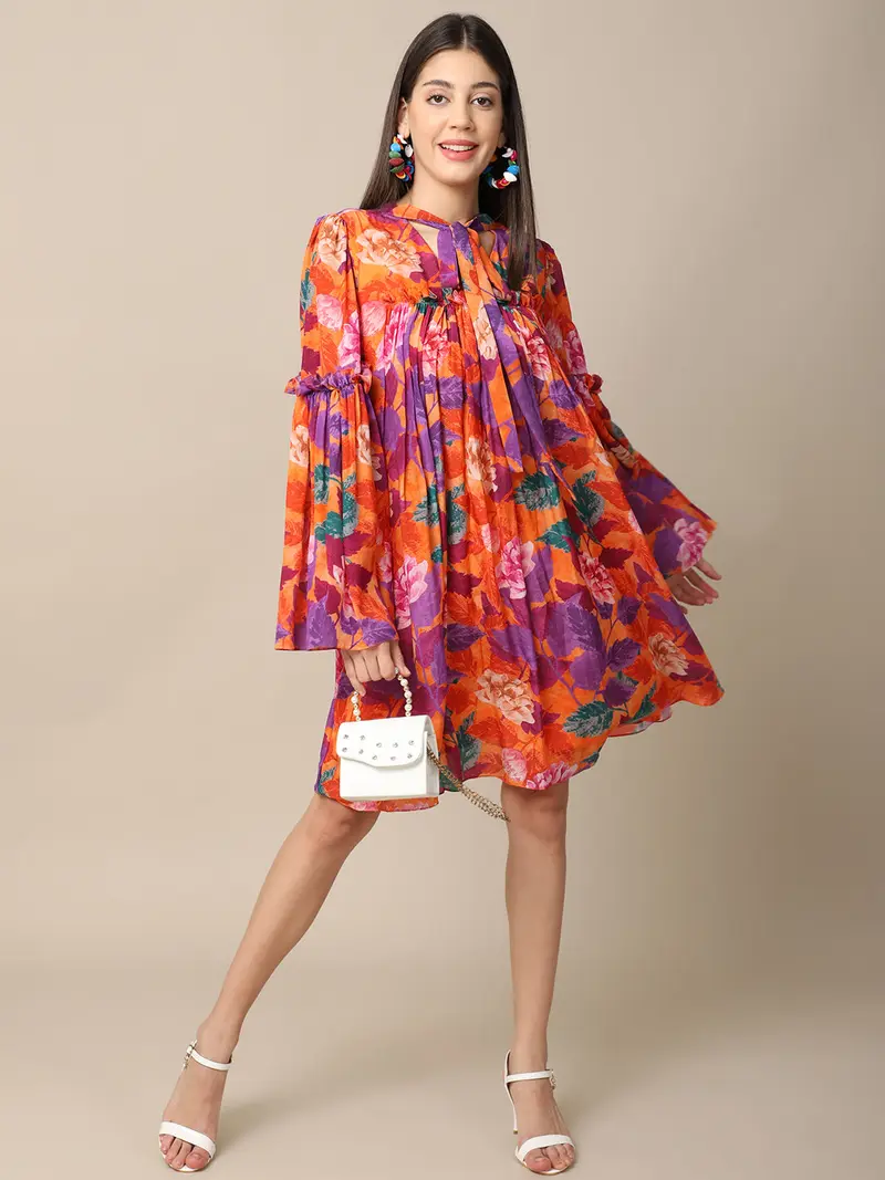 Crepe Orange Printed Flare Dress