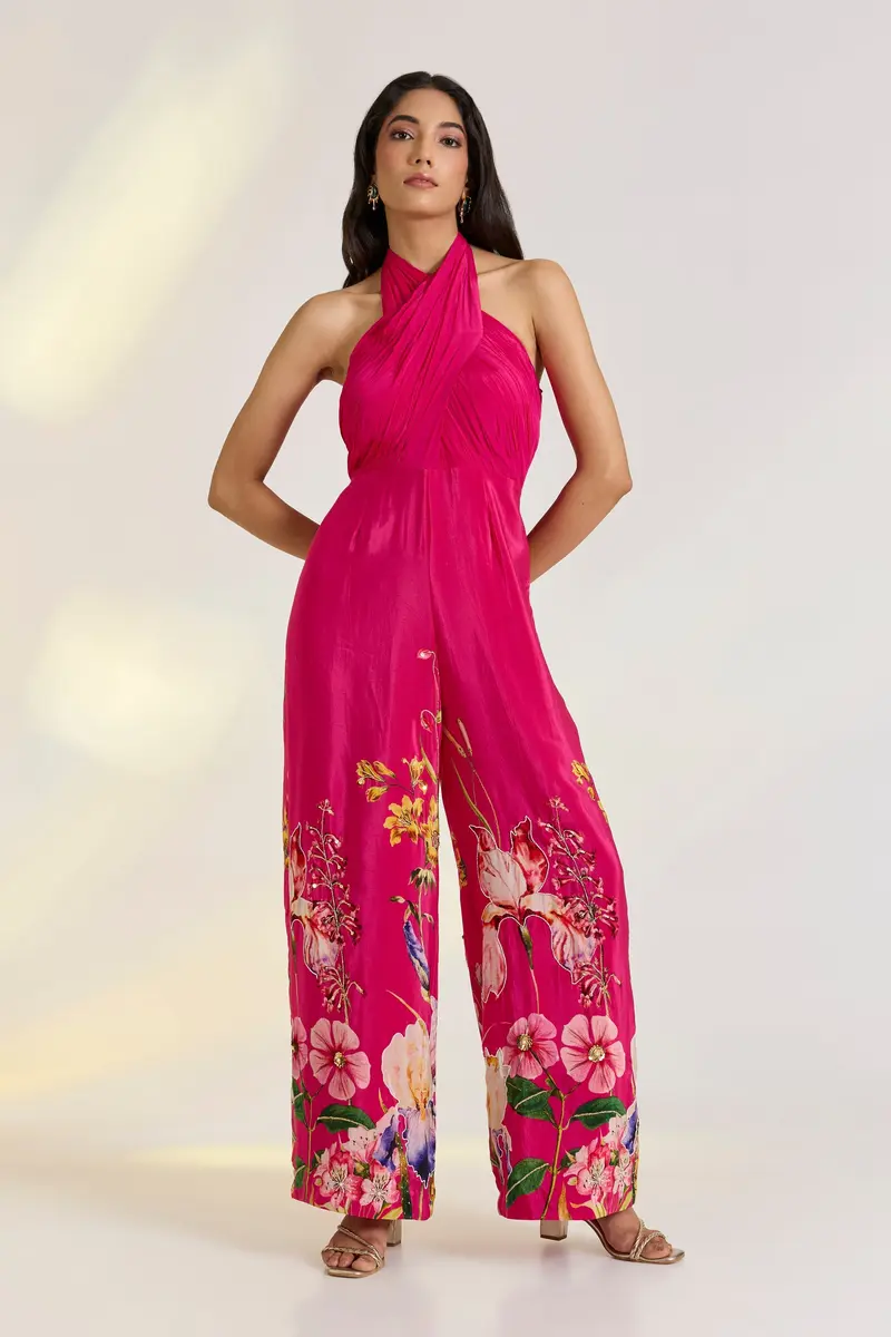 Crepe Pink Floral Draped Jumpsuit