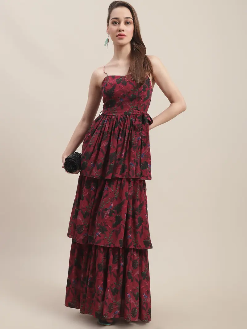 Crepe Red Printed Maxi Dress