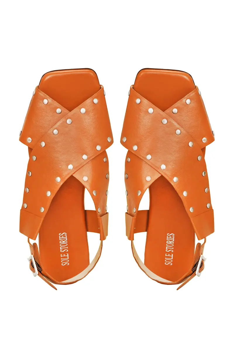 Criss Cross Broad Rivet Sandals in Tan