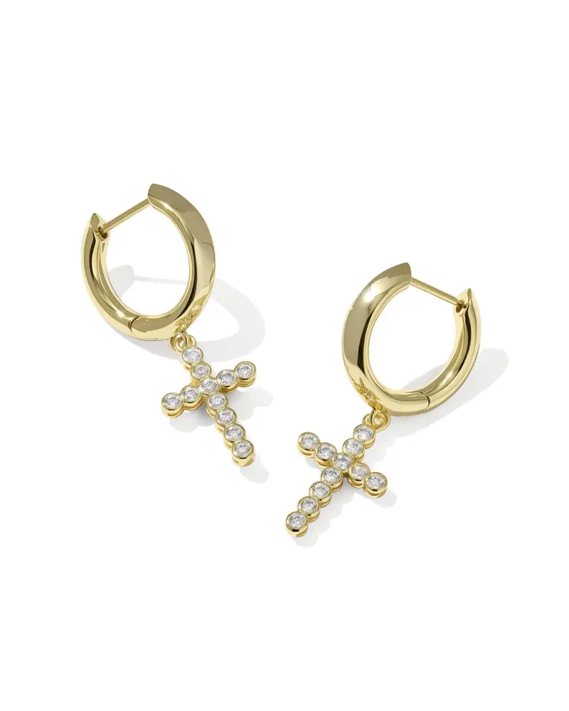 Cross Gold Crystal Huggie Earrings