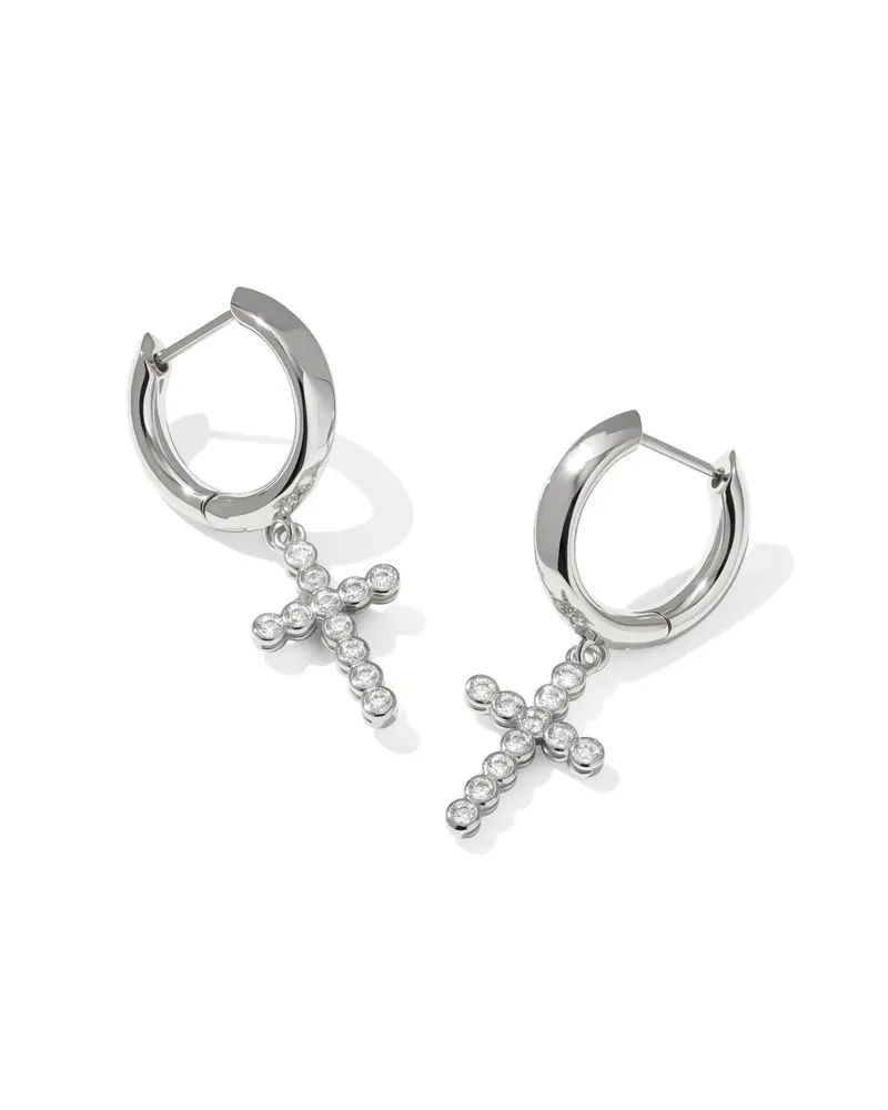 Cross Silver Crystal Huggie Earrings