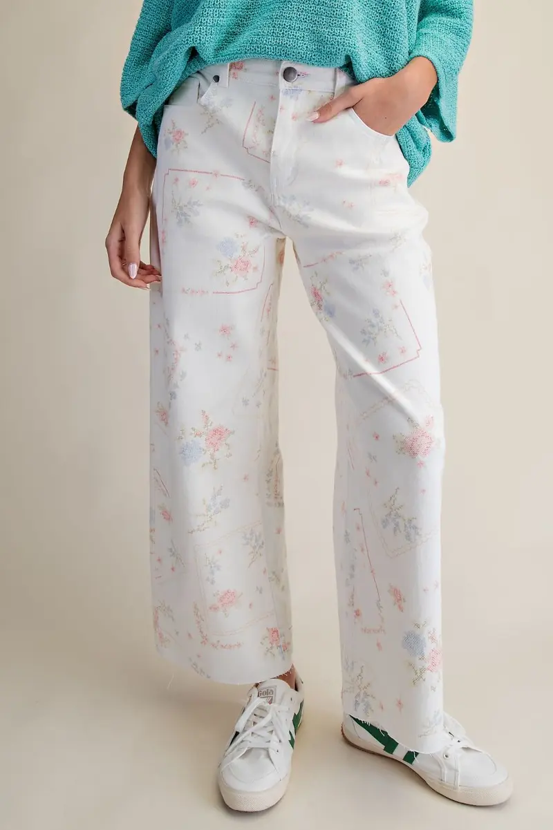 Cross Stitch Pattern Printed Washed Twill Pants PREORDER