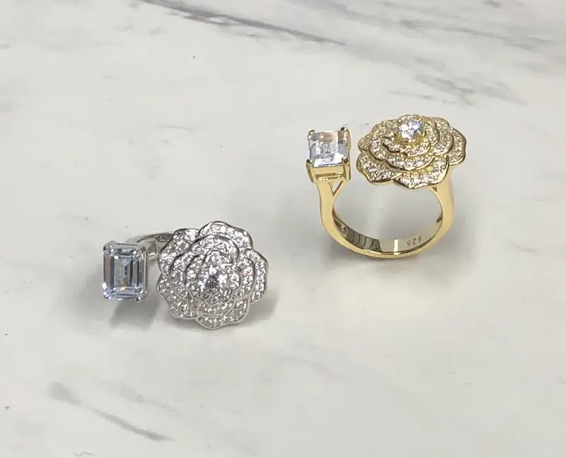 CZ Gold Flower and Rectangle Stone Ring