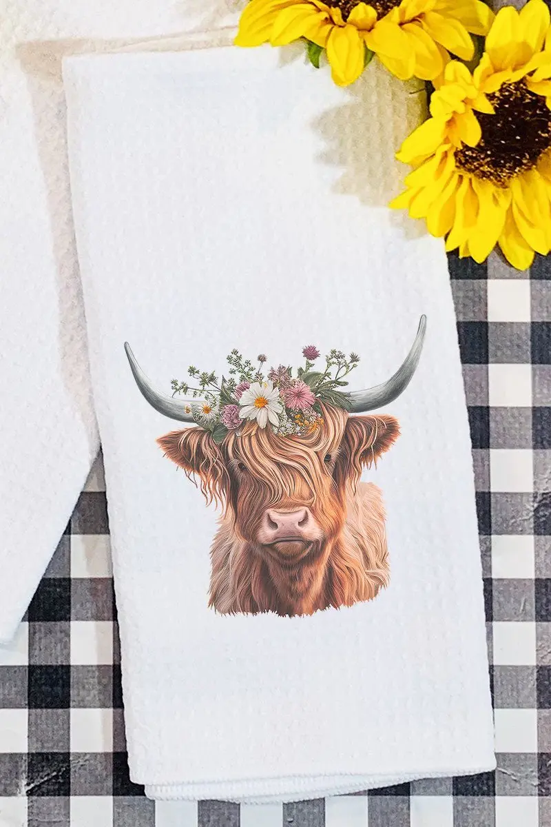 Daisy Highland Cow Waffle Kitchen Towel