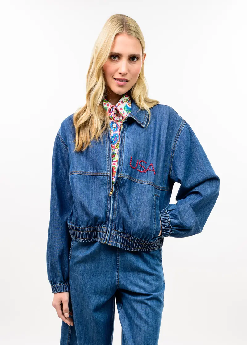 Denim Flag Bomber Jacket in Indigo