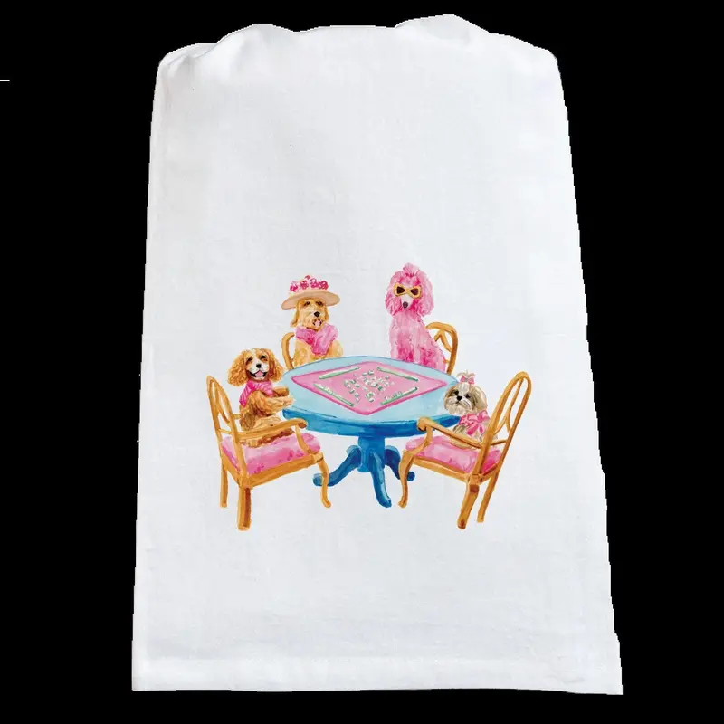 Dogs Playing Mahjong Tea Towel
