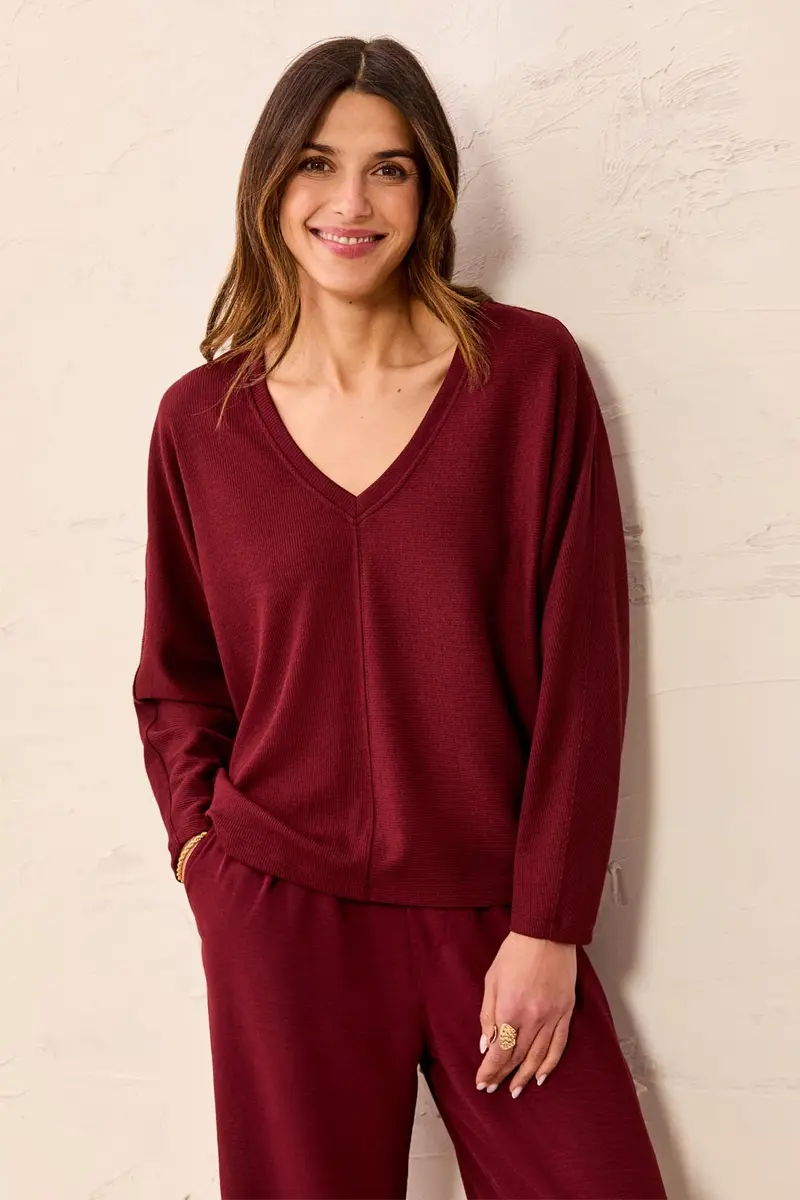 Dolman-Sleeve V-Neck Top in Cherry Lacquer