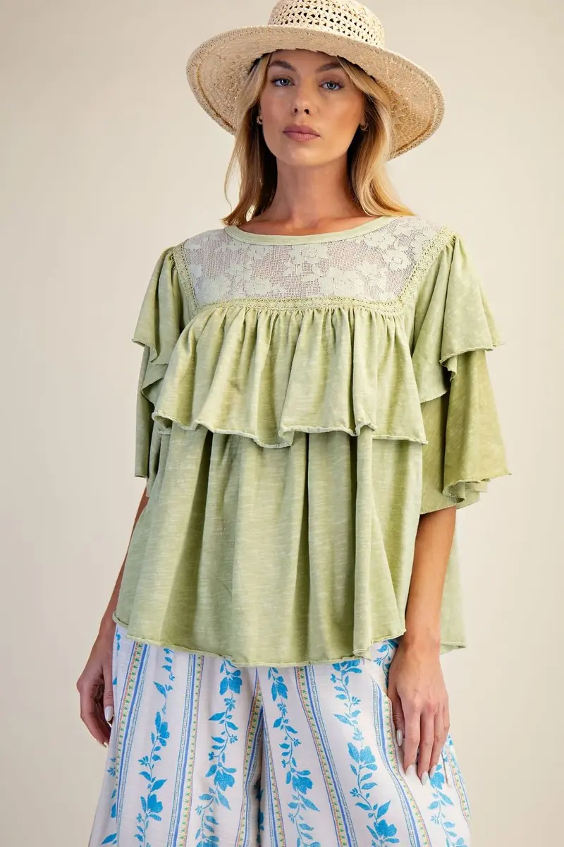 Double Wing Sleeves Washed Ruffle Top PREORDER