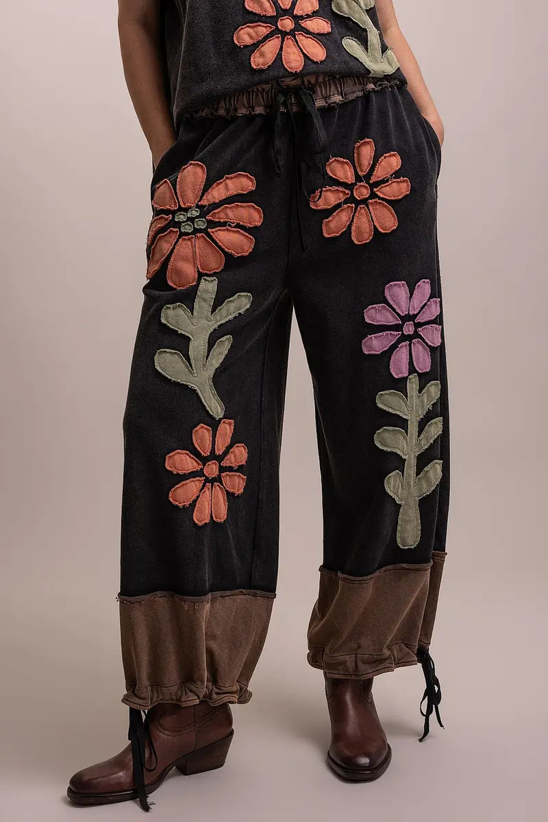 Elastic Waist Flower Patch Work Wide Leg Pants - PREORDER