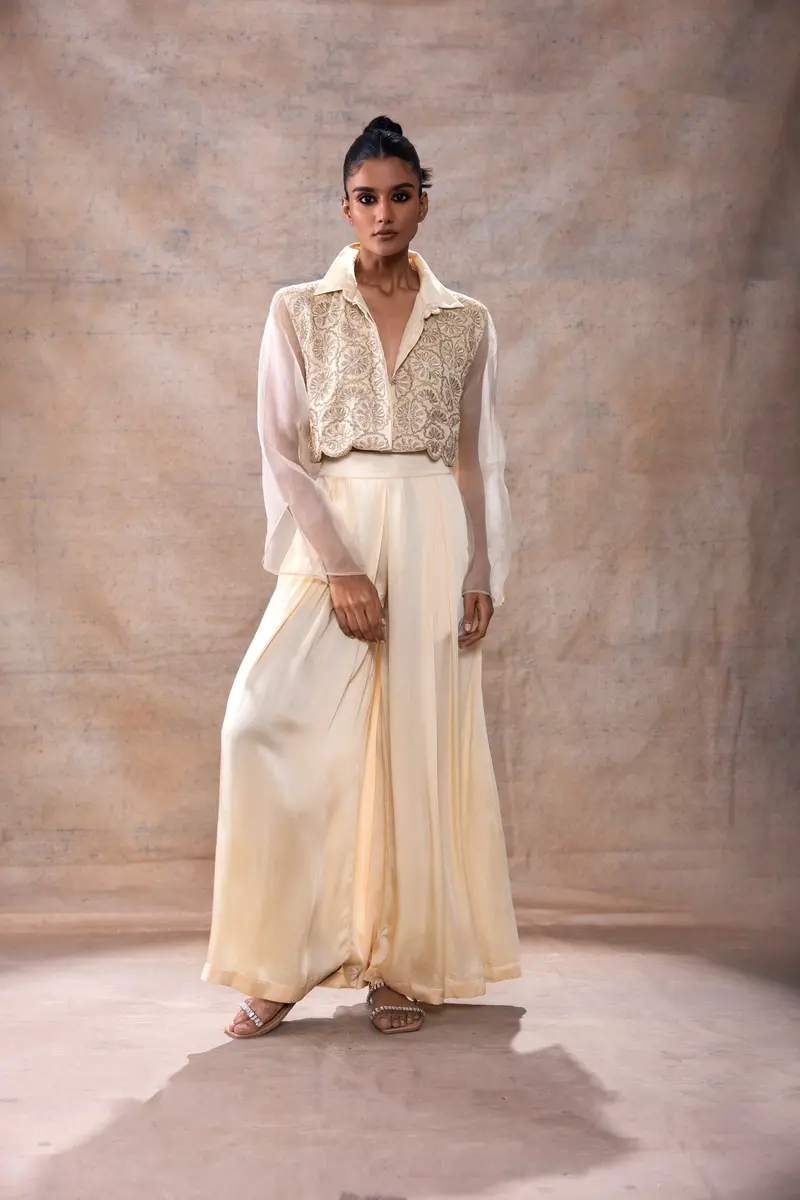 Emboridered Crop Shirt with Flared Pant Set