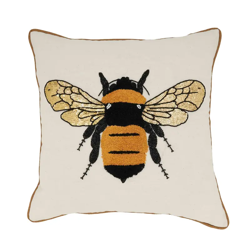 Embroidered Bumble Bee Down-Filled Pillow – Natural