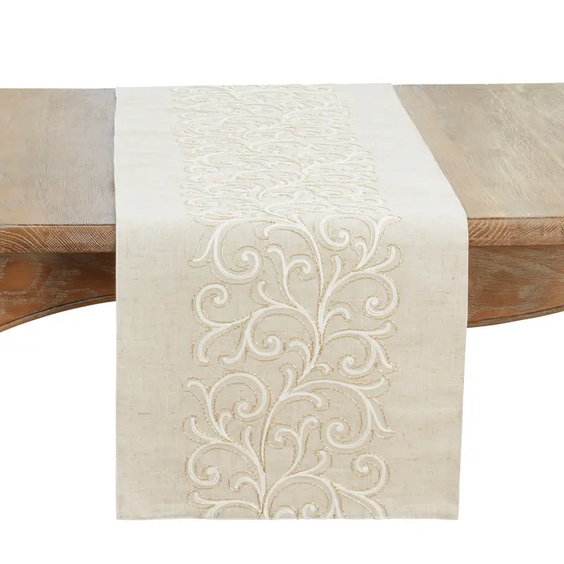Embroidered Scroll Table Runner – Natural