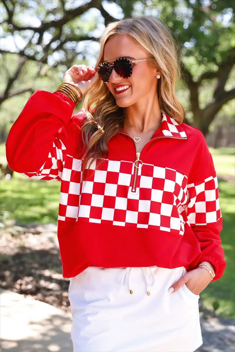 End Zone Checkered Pullover- Red