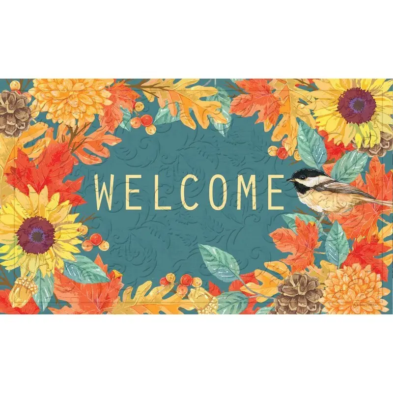 Fall Chickadee Wreath Embossed Door Mat