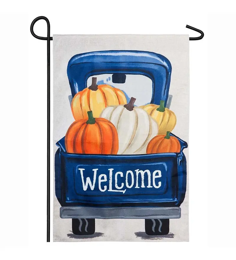 Fall Pumpkin Pickup Truck Garden Burlap Flag
