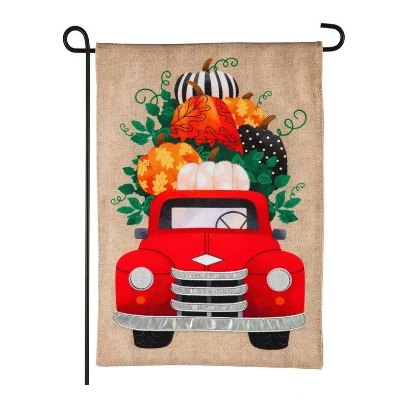 Fall Pumpkins Red Truck Burlap Garden Flag Evergreen*