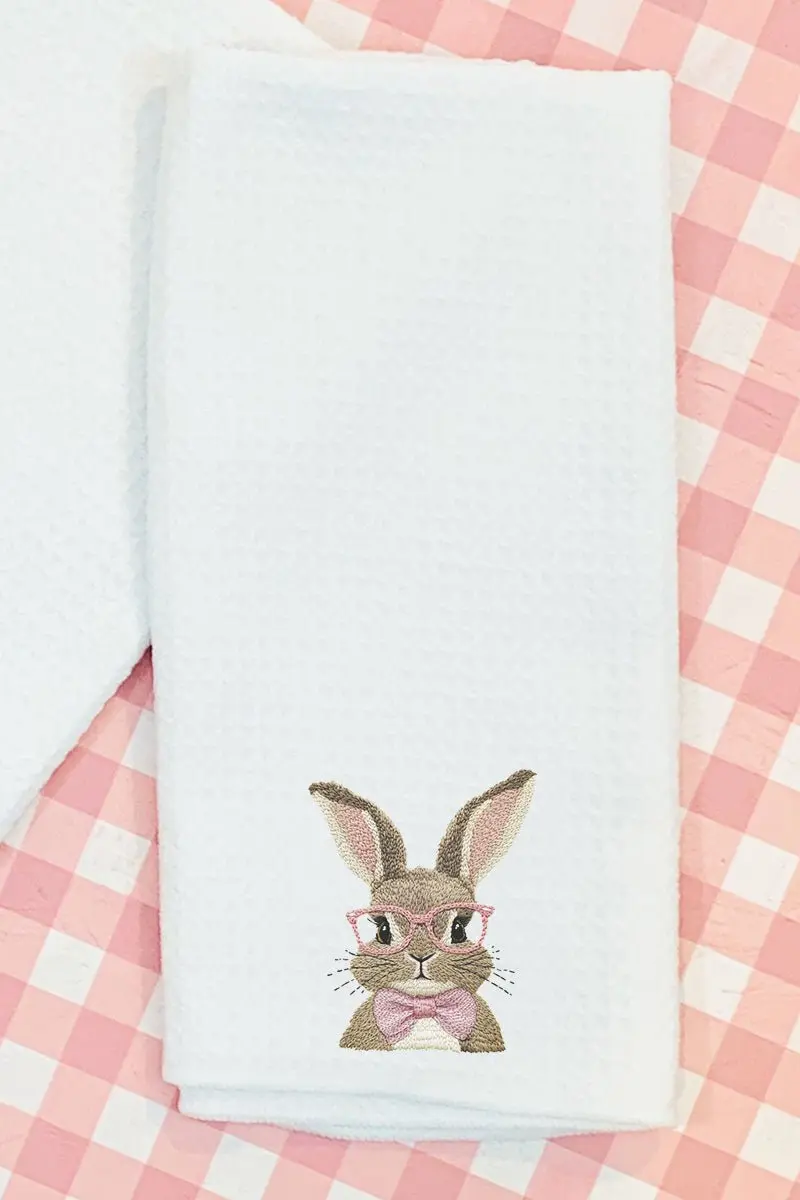 Faux Embroidery Easter Bunny Waffle Kitchen Towel