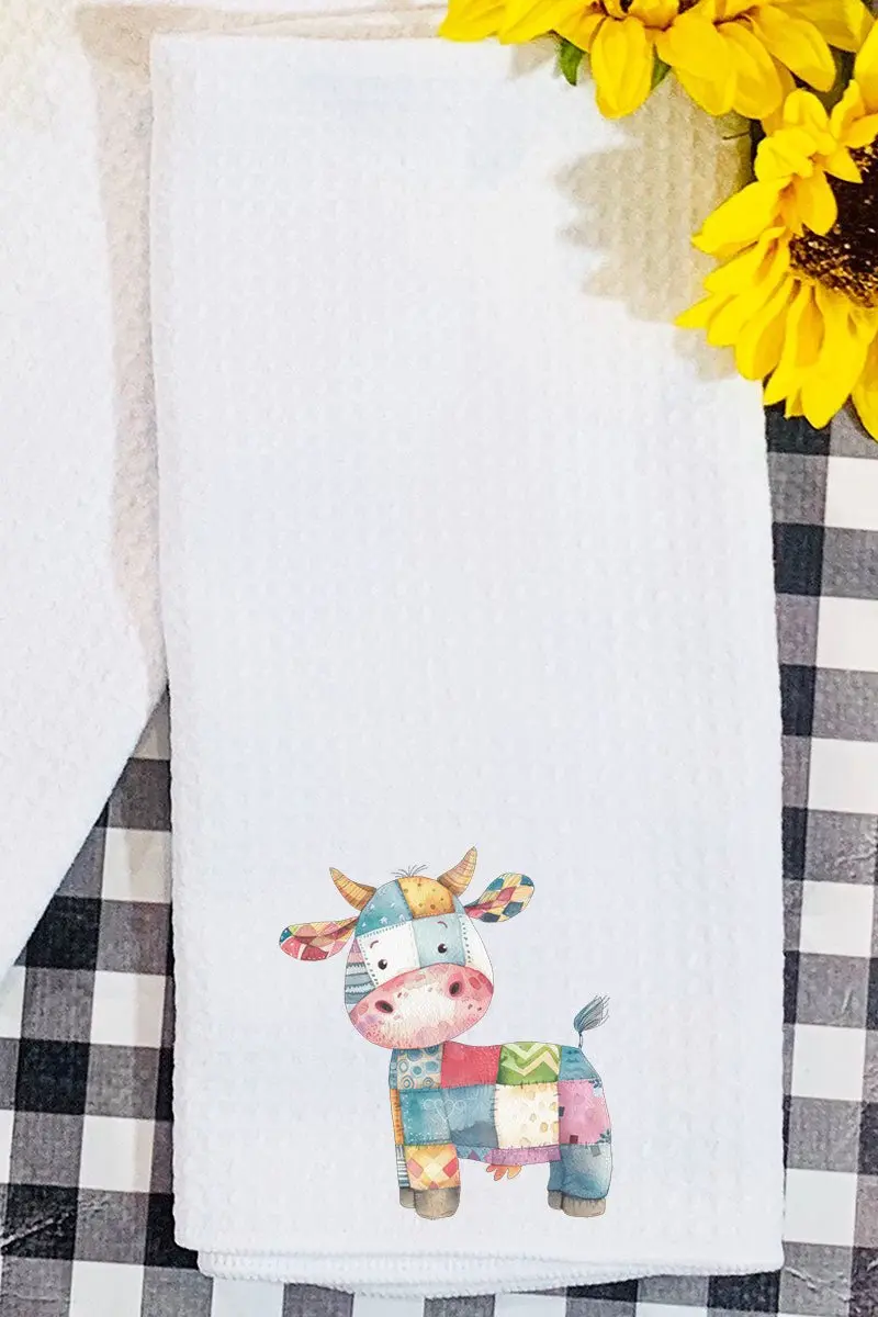 Faux Patchwork Cow Waffle Kitchen Towel