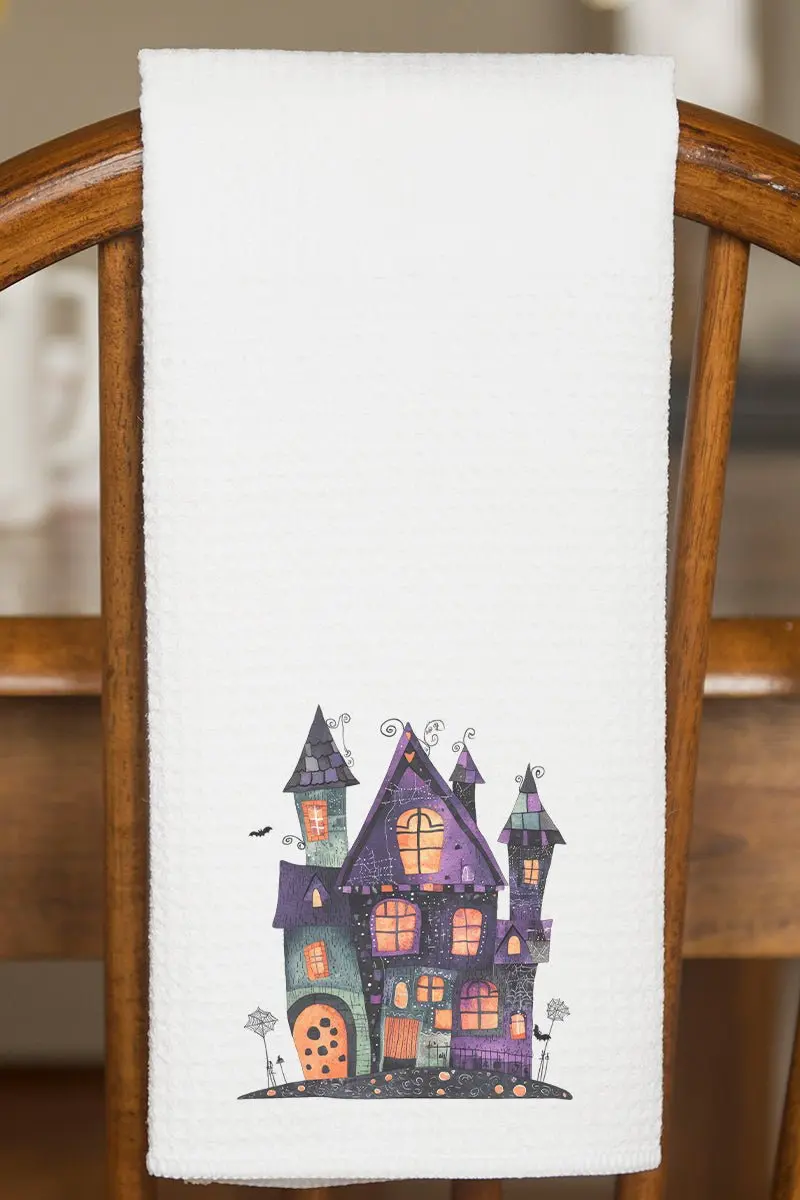 Faux Patchwork Haunted House Waffle Kitchen Towel