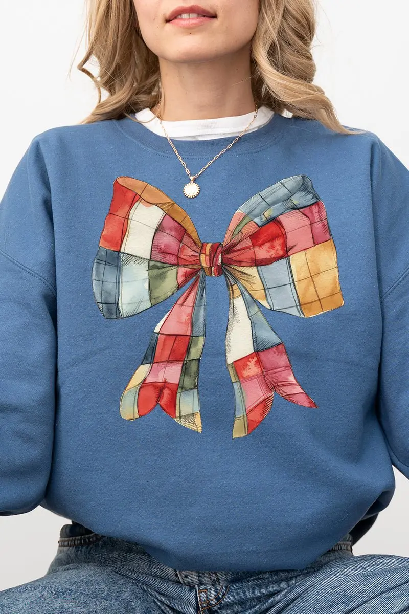 Faux Patchwork Red Bow Heavy-weight Crew Sweatshirt