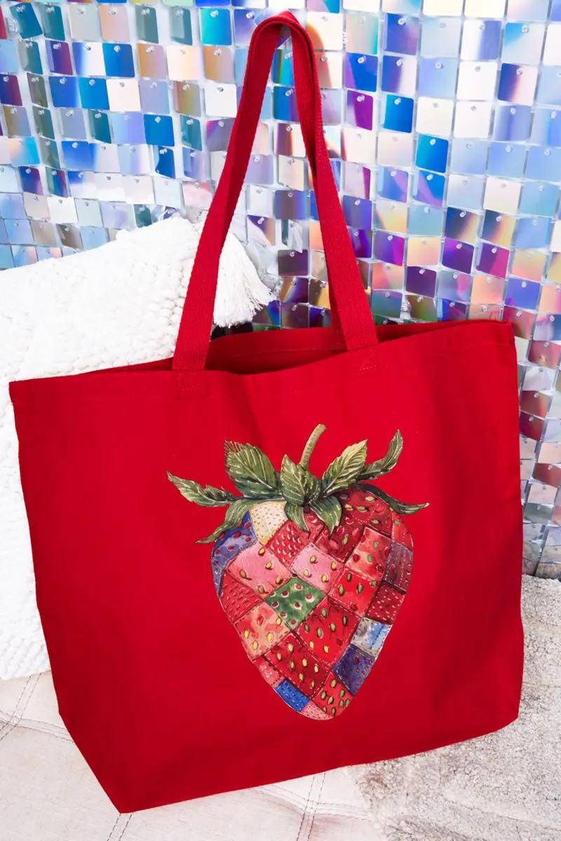 Faux Patchwork Strawberry Canvas Jumbo Tote