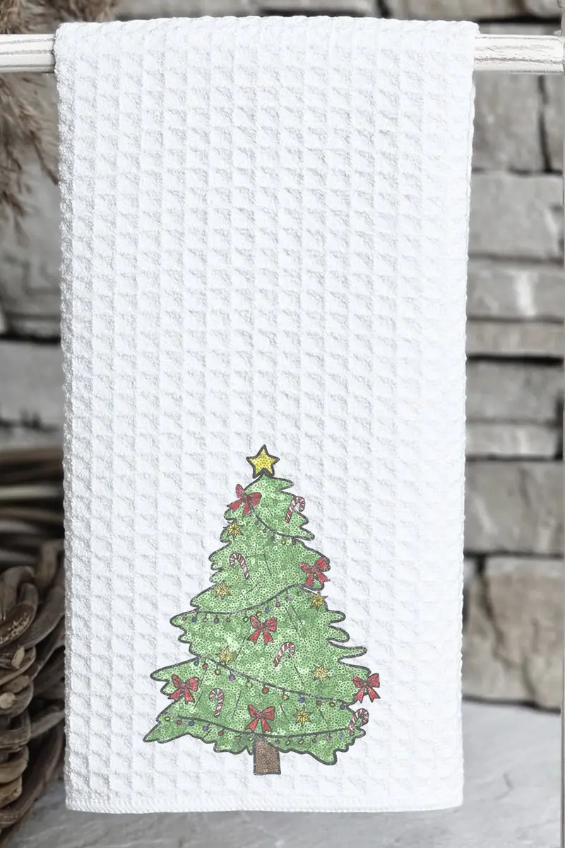 Faux Sequin Christmas Tree Transfer Waffle Kitchen Towel