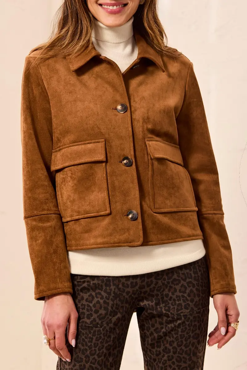 Faux Suede Button-Front Jacket in Dark Gold